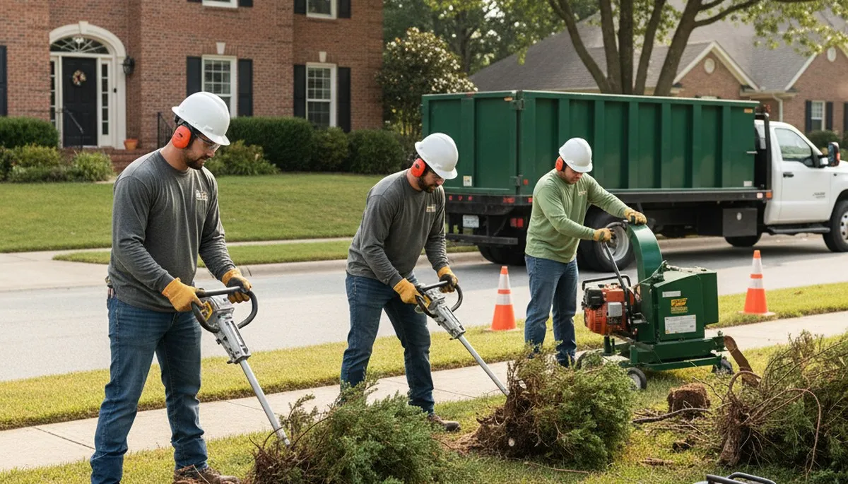 Minneapolis tree service crew removing overgrown shrubs for safe, efficient yard clearing