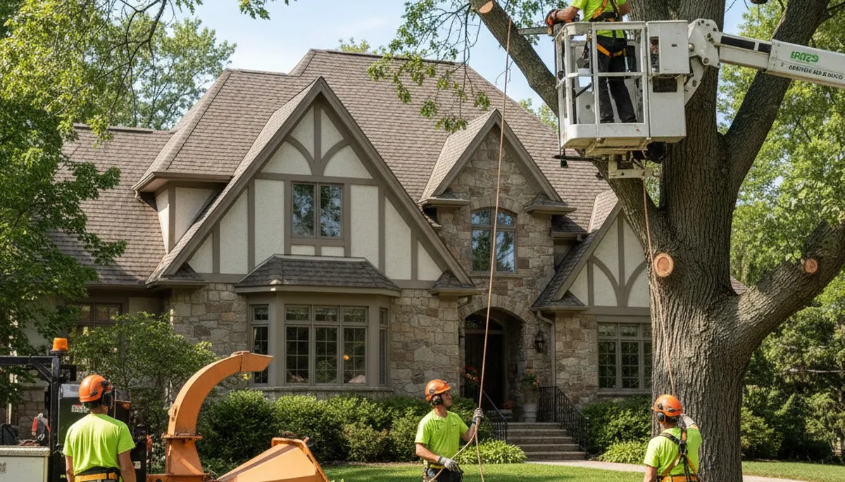 Tree service crew trimming trees in Minneapolis, MN for safe, professional property care
