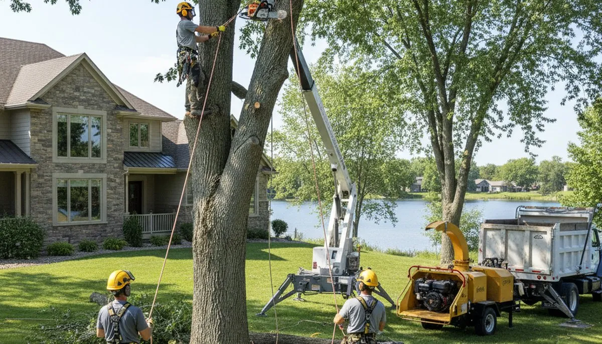 Minneapolis, MN tree service crew trimming trees for residential property maintenance